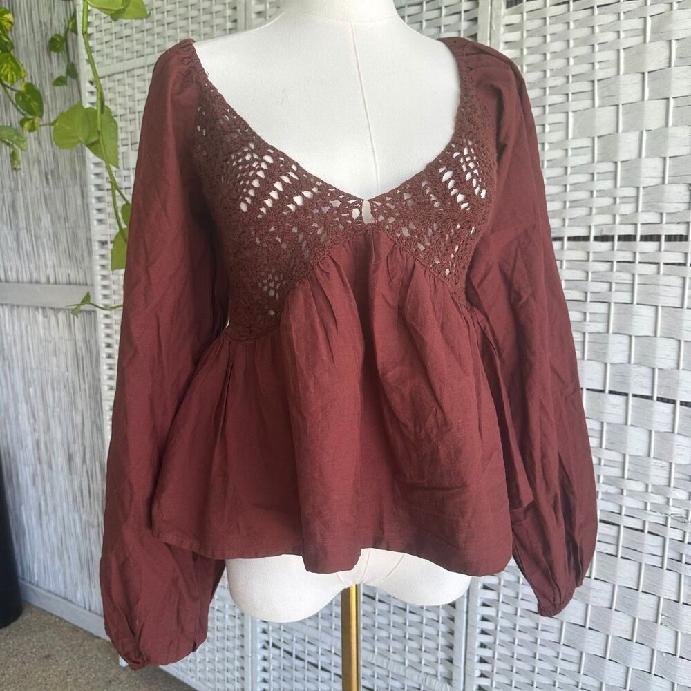 Asos Women's US 6 V-neck Crochet Top Ruffle Sleeve Peplum Hem Chocolate